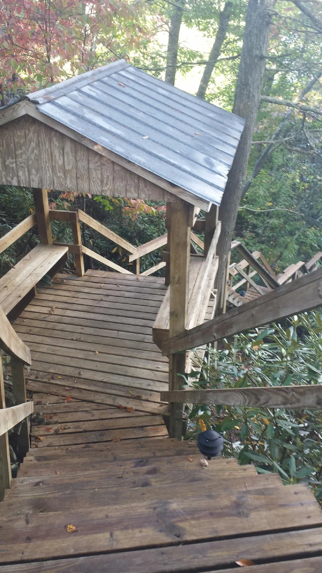 Metal roofed shelter over wooden steps on a wooded walkway — Skylight Repair & Installation work by our crew in Moyock